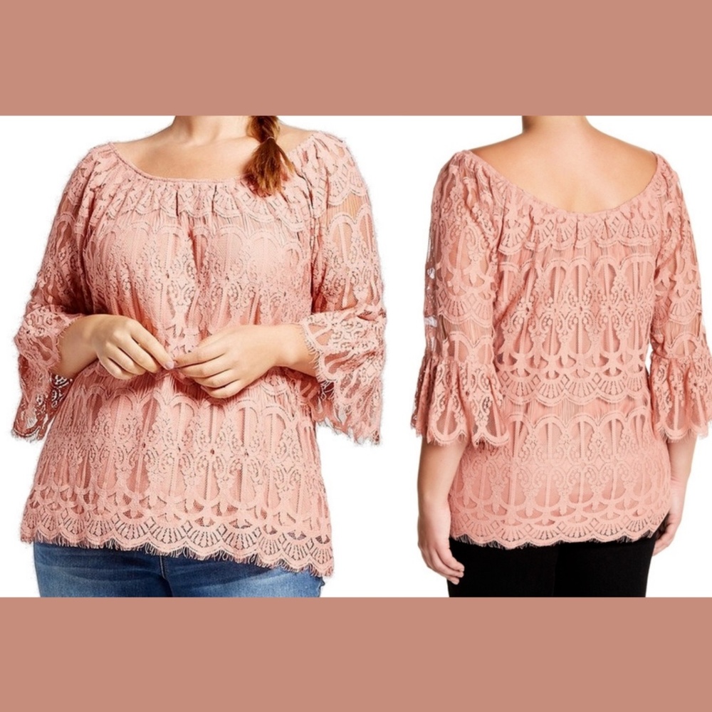 NWT $49 Want And Need‎ Pink Lace 3/4 Sleeve Top [ PLUS SZ 2X ]
